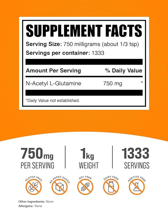 BulkSupplements.com N-Acetyl L-Glutamine Powder - Glutamine Supplement, L Glutamine Powder, Gut Health & Recovery - Gluten Free, 750mg per Serving, 1kg (2.2 lbs) (Pack of 1)