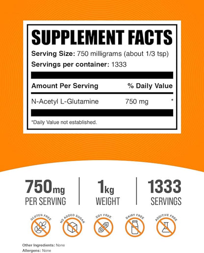 BulkSupplements.com N-Acetyl L-Glutamine Powder - Glutamine Supplement, L Glutamine Powder, Gut Health & Recovery - Gluten Free, 750mg per Serving, 1kg (2.2 lbs) (Pack of 1)