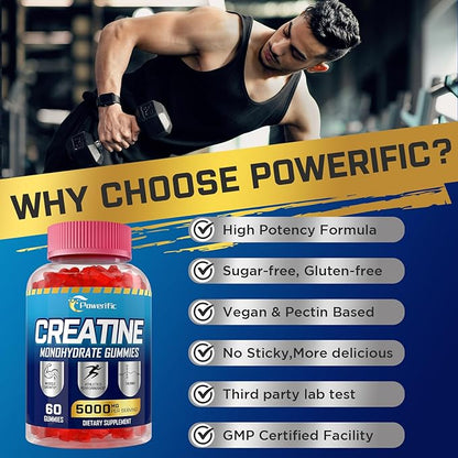 Creatine Monohydrate Gummies for Men & Women, Create Creatine Pre-Workout Gummies, Taurine&B6, Increase Strength, Energy & Endurance Chewable Supplements, 5g Per Serving, Organic (2 Packs)