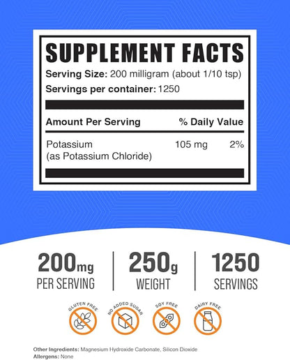 BulkSupplements.com Potassium Chloride Powder - Potassium Supplement Powder, Potassium Chloride Salt Substitute, Potassium Salt - Gluten Free, 200mg per Serving, 250g (8.8 oz) (Pack of 1)