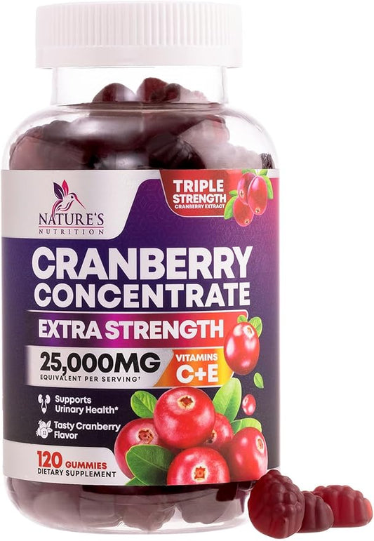 Cranberry Gummies - Urinary Tract Health Gummy + Vitamin C - 25,000mg - Triple Strength Cranberry Concentrate Extract Supplement Pills, Ultimate Potency, Non-GMO, Gluten Free - 120 Gummies