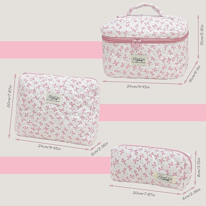 kingkiss Makeup Bag, Quilted Cosmetic Bag, Large Capacity Make Up Bag for Women, Cute Floral Storage Toiletry Bag Travel Storage Makeup Bag(Pink#3)
