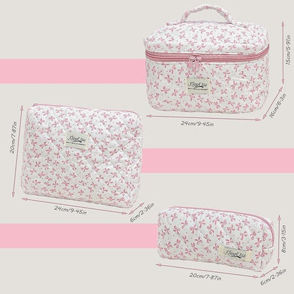 kingkiss Makeup Bag, Quilted Cosmetic Bag, Large Capacity Make Up Bag for Women, Cute Floral Storage Toiletry Bag Travel Storage Makeup Bag(Pink#3)