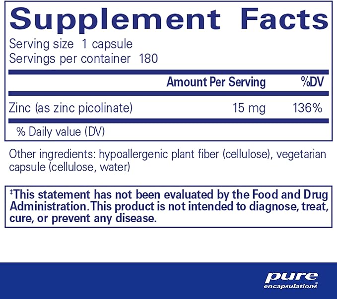 Pure Encapsulations Zinc 15 mg - Zinc Picolinate Supplement for Immune System Support, Growth & Development - for Wound Healing - with Premium Zinc Picolinate - 180 Capsules