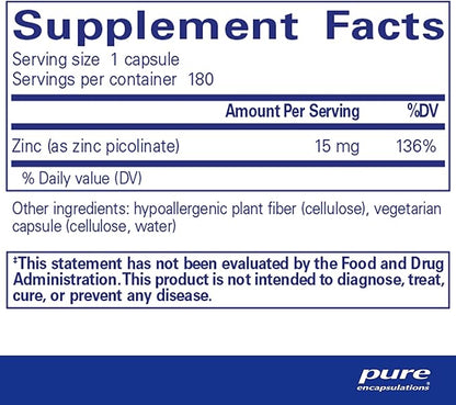 Pure Encapsulations Zinc 15 mg - Zinc Picolinate Supplement for Immune System Support, Growth & Development - for Wound Healing - with Premium Zinc Picolinate - 180 Capsules