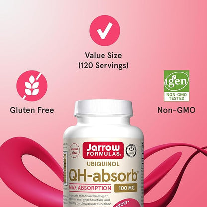 Jarrow Formulas QH-Absorb, 100 mg, Ubiquinol Dietary Supplement for Healthy Cardiovascular Function, 120 Softgels, 120 Day Supply,12 Packs
