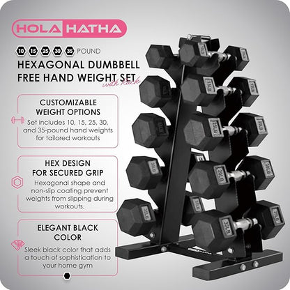 HolaHatha Hexagonal Dumbbell Free Hand Weight Set w/Rack