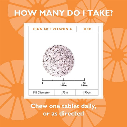 Celebrate Vitamins Iron Supplement with Vitamin C - 60mg Iron, 60mg Vitamin C, Bariatric Vitamins for WLS Patients, Vertical Sleeve & Gastric Bypass Surgery - Berry, 90 Chewable Tablets