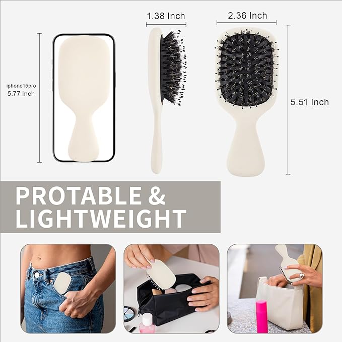 Mini Boar Bristles Hair Bursh, Travel Size Hair Brush for Women Men Kids, Protable Small Hair Brush for Pockets Purses, Mini Detangler Brush for Smooth Add Shine(White)
