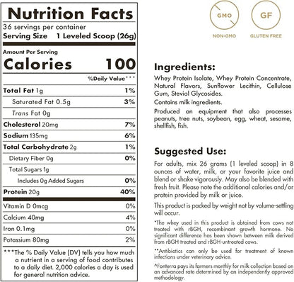 Solgar Grass Fed Whey to Go Protein Powder Vanilla, 2 lb - 20g of Grass-Fed Protein from New Zealand cows - Great Tasting & Mixes Easily - Supports Strength & Recovery -, 36 servings