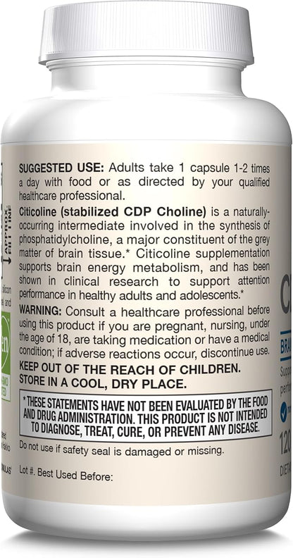 Jarrow Formulas Citicoline CDP Choline 250 MG, CDP Choline Supplement Supports Brain Health, Performance and Memory, 120 Capsules, Up to a 120 Day Supply, Pack of 12