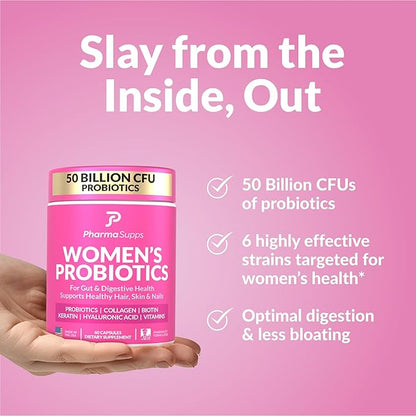 Advanced Women's Probiotics for Gut Health - Hair, Skin, & Nails Vitamins Support - 50 Billion CFU w/Collagen, Biotin & Keratin - Probiotic Supplement for Digestive Health & Bloating Relief, USA-Made