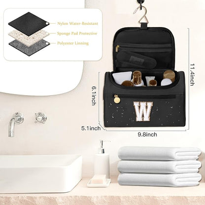 COSHAYSOO Christmas Valentines Galentines Day Fall Travel Gifts for Women Friend Sister Bestie Happy Birthday Party Favor Present, Large Hanging Toiletry Bag Skin Care Toiletries Black Letter W