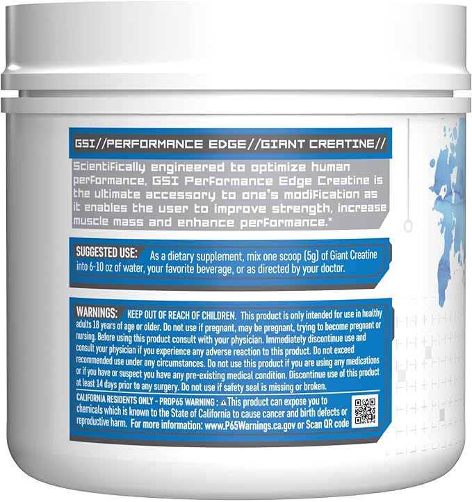 Giant Sports Edge Creatine Monohydrate, 500g - 5g Pure Micronized Creatine per Serving, Support Muscle Energy and Strength, 100 Servings - Unflavored