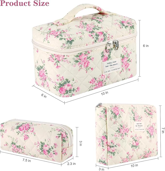 Quilted Makeup Bag Set 3 Pcs Cotton Cute Makeup Bags For Women Large Aesthetic Floral Cosmetic Bag Coquette Flower Makeup Pouch