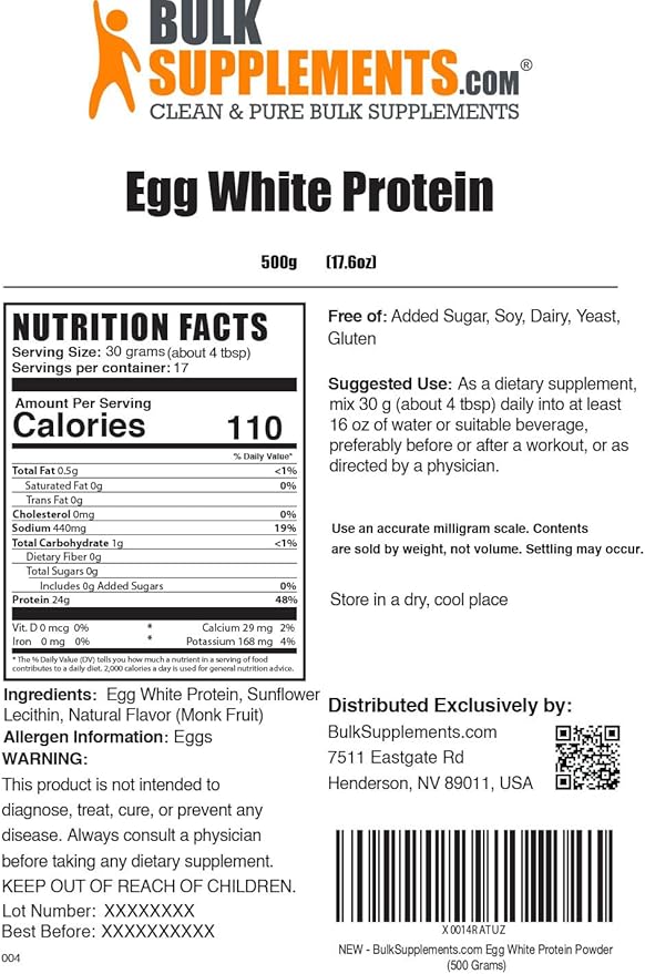 BulkSupplements.com Egg White Protein Powder - Egg White Powder, Lactose Free & Dairy Free Protein Powder - Unflavored & Gluten Free, 30g per Serving, 500g (1.1 lbs) (Pack of 1)