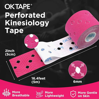 OK TAPE Perforated Kinesiology Tape for Sensitive Skin, More Breathable, Elastic Athletic Tape for Pain Relief & Muscle Support, Uncut 2 Rolls - 2in x 16.4ft (Pink)