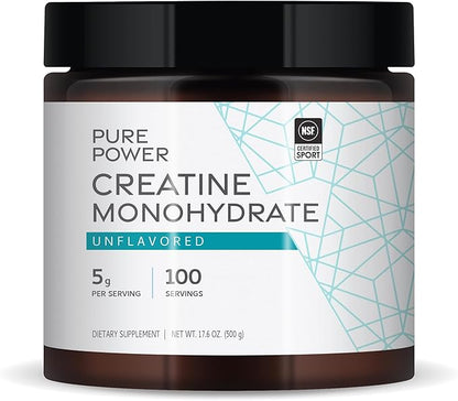 Dr. Mercola Pure Power Creatine Monohydrate, Unflavored, 17.6 oz (500 g), 100 Servings (1 Jar), 5g Per Serving, Non-GMO, NSF Certified for Sport