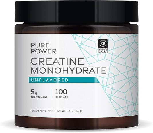 Dr. Mercola Pure Power Creatine Monohydrate, Unflavored, 17.6 oz (500 g), 100 Servings (1 Jar), 5g Per Serving, Non-GMO, NSF Certified for Sport