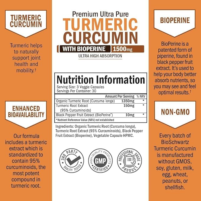 Turmeric Curcumin with Black Pepper Extract 1500mg - High Absorption Ultra Potent Turmeric Supplement with 95% Curcuminoids and BioPerine - Non GMO Tumeric Capsules for Joint Support - 90 Capsules