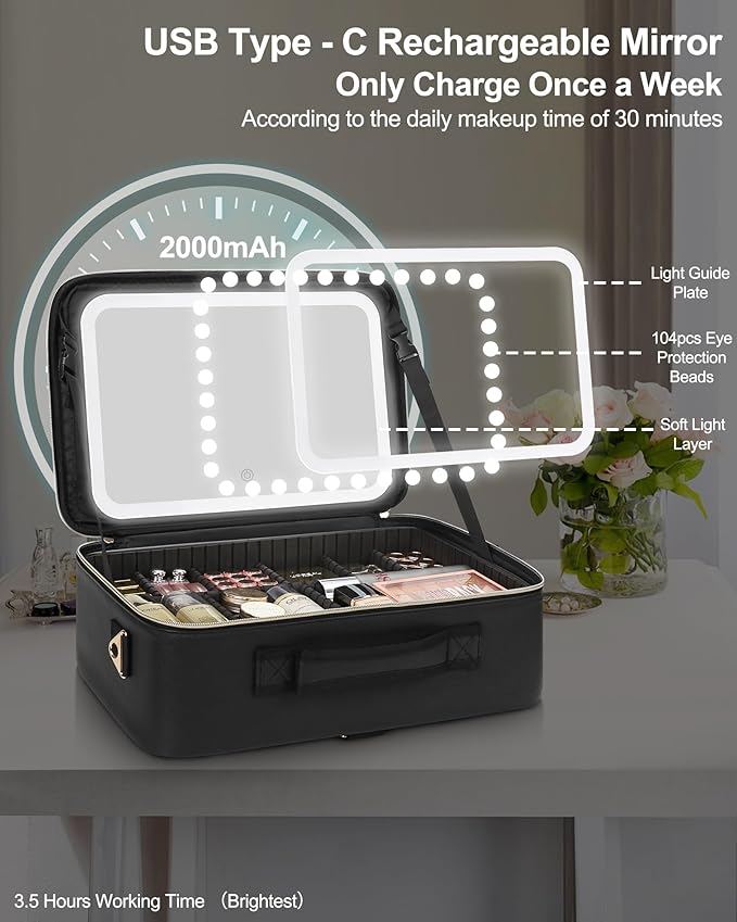 Chomeiu Makeup Bag with LED Mirror, Large Train Case for Makeup Artists, 16.2 inches Travel Professional Cosmetic Organizer with Light Up Mirror, 3 Color Lights, Brush Holder & Shoulder Strap (Black)