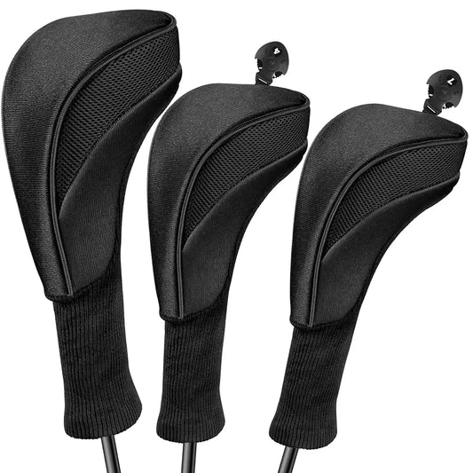 Golf Club Head Covers for Fairway Woods Driver Hybrids 3 Pieces Long Neck Mesh Sports Fan Golf Club Headcovers Set with Interchangeable No. Tags 3 4 5 6 7 X Golf Accessories for Men Women