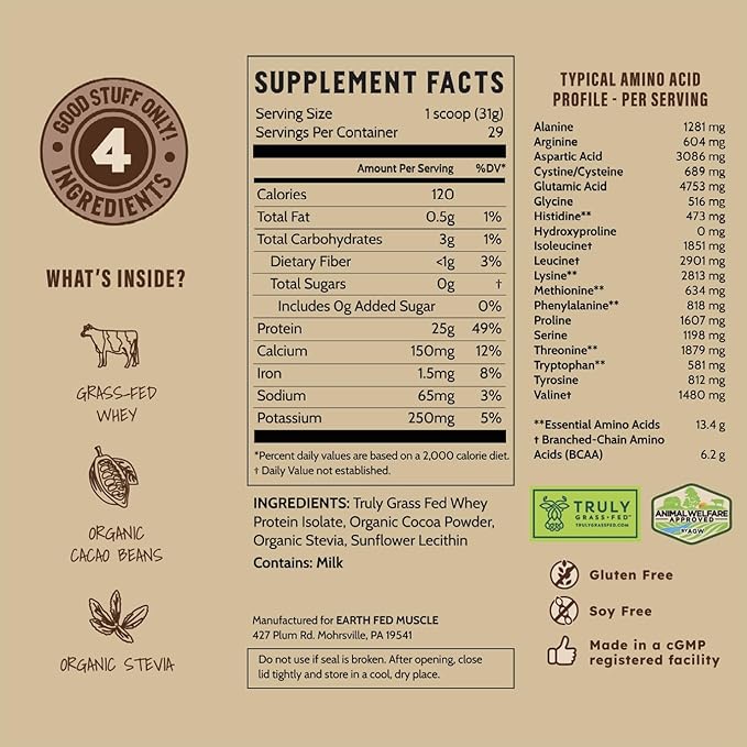 Earth Fed Muscle Ca-Cow! Chocolate Truly Grass Fed Whey 2lb - No Fillers, Flow Agents, or Synthetic Blends, Soy Free, Non GMO and Hormone Free (Chocolate)