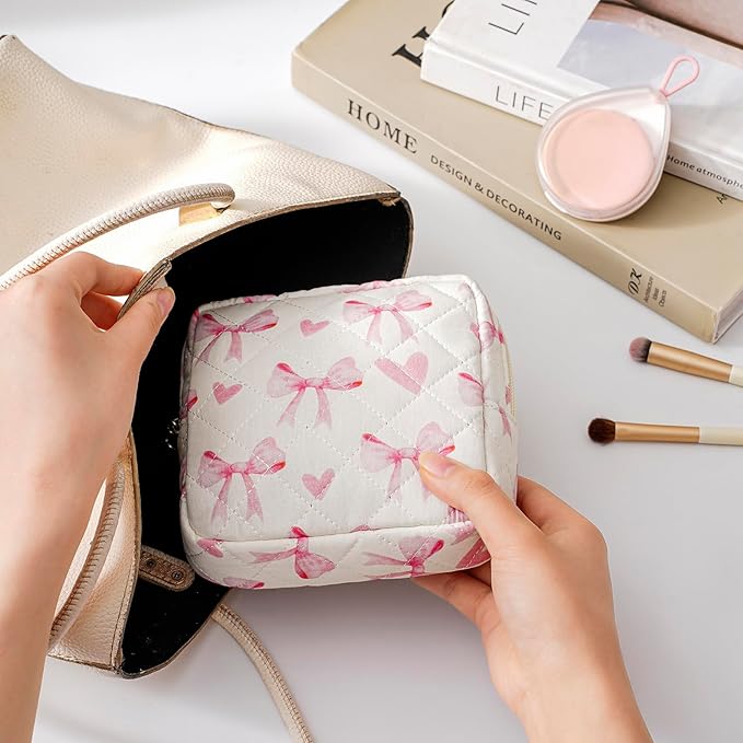 Small Quilted Cotton Makeup Bag for Purse, Cosmetic Bag with Compartments, Cotton Aesthetic Makeup Bag, Travel Toiletry Pouch, Lipstick Bag Card Holder Data Cable Organizer (09White Small bow)