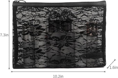 fashion portable cosmetic bag,Visible large capacity Nylon storage bag, for Business Travel bath, Unisex (black 3pcs set) (purpose made lace zippered cosmetic bag)