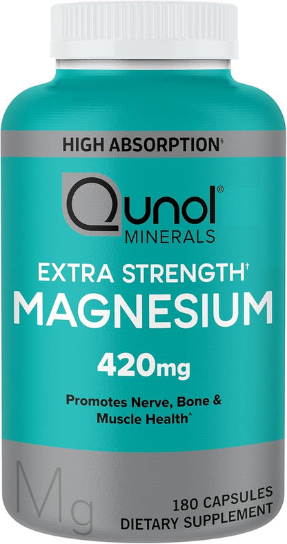 Qunol Magnesium Capsules 420mg, 100% DV, High Absorption Magnesium Supplement, Extra Strength, Bone and Muscle Health Supplement, 180 Count