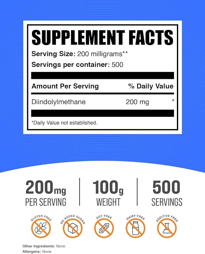 BulkSupplements.com DIM Powder - Diindolylmethane Powder, DIM Supplement for Men & Women - DIM 200mg, Gluten Free - 200mg per Serving, 100g (3.5 oz) (Pack of 1)