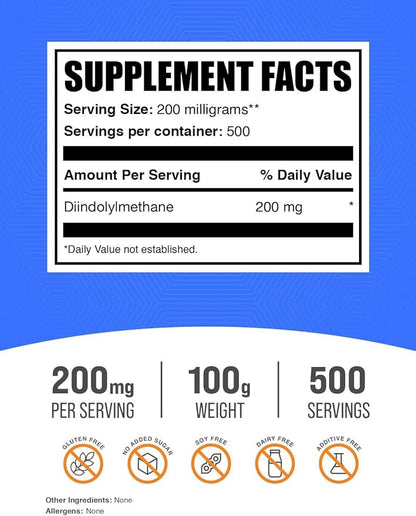 BulkSupplements.com DIM Powder - Diindolylmethane Powder, DIM Supplement for Men & Women - DIM 200mg, Gluten Free - 200mg per Serving, 100g (3.5 oz) (Pack of 1)