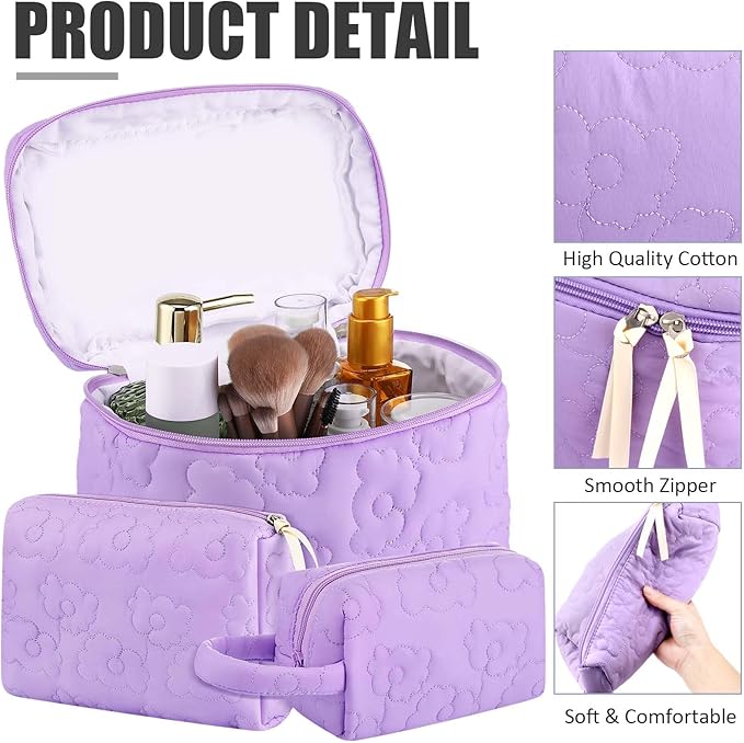 Paterr 3 Pieces Cotton Quilted Makeup Bag Set Coquette Cosmetic Bag Aesthetic Travel Toiletry pouch Cute Pouch Kawaii Aesthetic for Women(Purple,Purple Flower)
