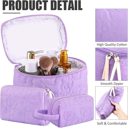 Paterr 3 Pieces Cotton Quilted Makeup Bag Set Coquette Cosmetic Bag Aesthetic Travel Toiletry pouch Cute Pouch Kawaii Aesthetic for Women(Purple,Purple Flower)
