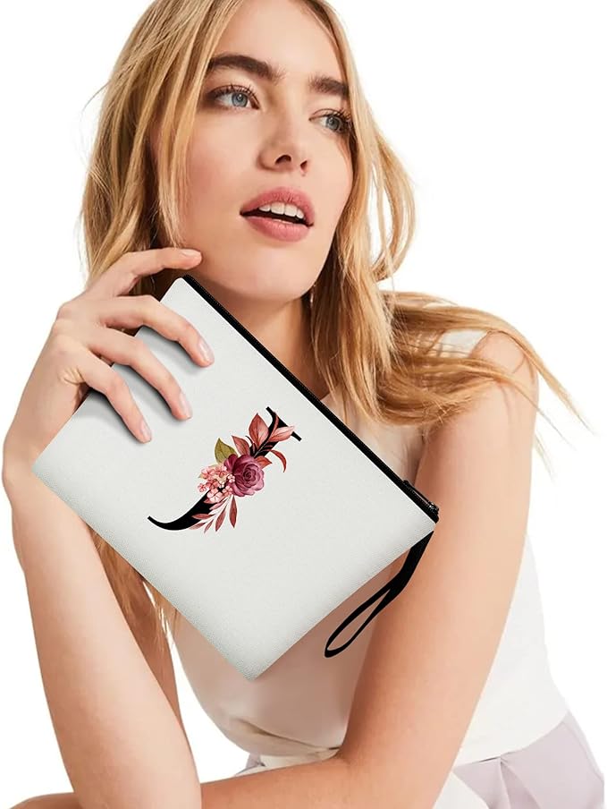 Vavabox A-Z Personalized Makeup Bag, Birthday Gifts for Women Mom, Gifts for Best Friend, Bride Bridesmaid Cosmetic bag (J, White)