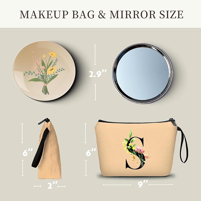 SEAMOON Women Birthday Unique Bride to be Bridal Shower Initial Gifts for Mom Sister Friend Her Teacher Aunt Makeup Cosmetic Bag with Mirror Mothers Day Christmas Graduation S