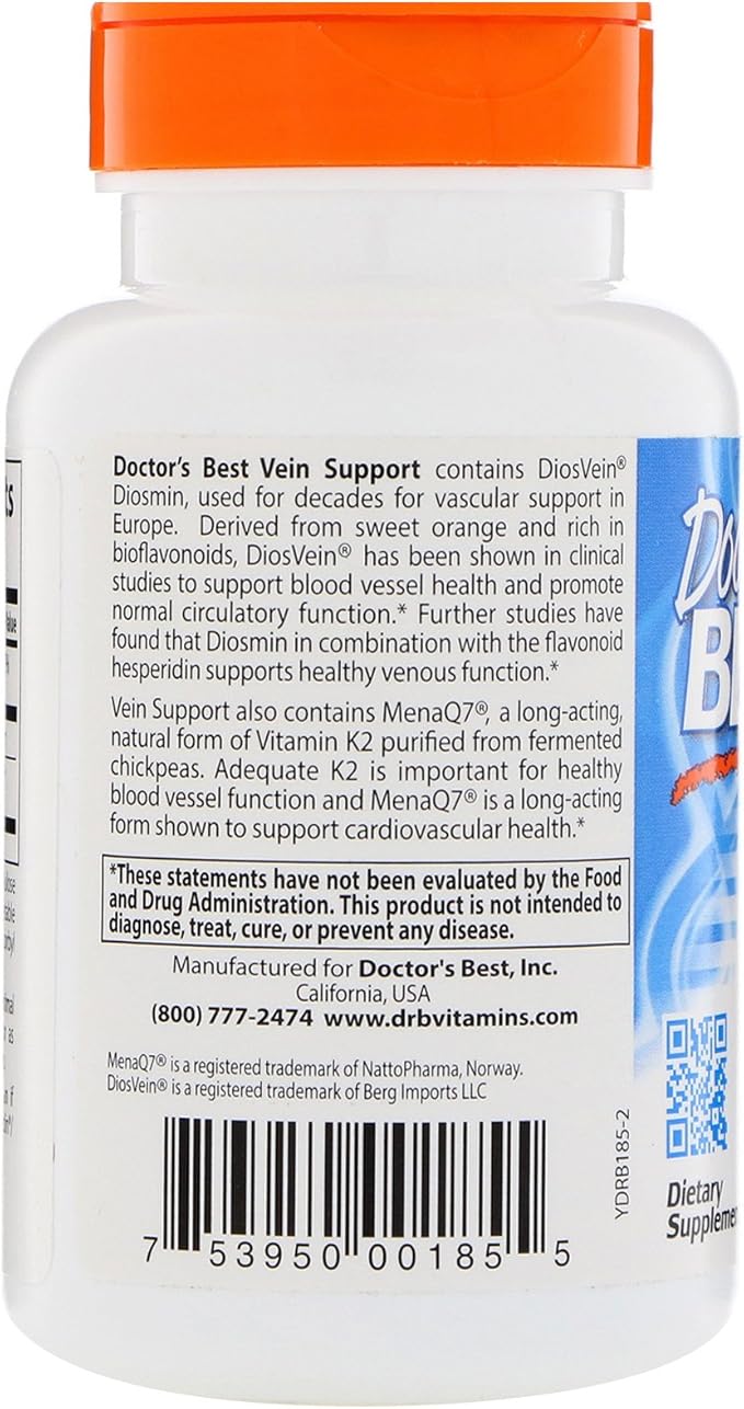 Doctor's Best Vein Support with Diosvein & Menaq7, Circulation for Healthy Legs, Non-GMO, Gluten & Soy Free, Vegan, 60 Count