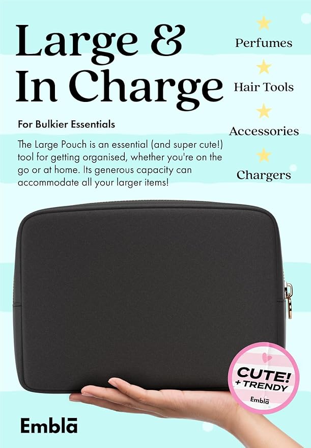 Embla Makeup Bag Travel Cosmetics Pouch and Toiletry Bag, Nylon Zipper Pouch Purse, Cute Make Up Organizer Storage Tote for Women Girls, Waterproof Travel Skincare Case, Large Makeup Bags, Black Noir