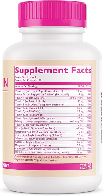 Women's Multivitamin - 19 Targeted Vitamins & Nutrients for Women - Supports Hair, Skin & Nails, Cognitive Health, Focus, & Heart Health - 1 Vegan Capsule Daily, 30 Day Supply