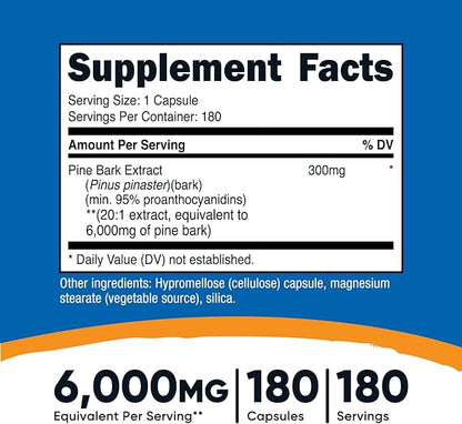 Nutricost Pine Bark Extract 6000mg Equivalent, 180 Capsules, 300mg Standardized to Contain 95% Proanthocyanidins - Vegetarian, Non-GMO and Gluten Free