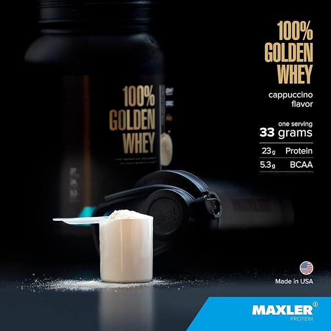 Maxler 100% Golden Whey Protein - 23g of Premium Whey Protein Powder per Serving - Pre, Post & Intra Workout Recovery - Fast-Absorbing Whey Hydrolysate, Isolate & Concentrate Blend - Cappuccino 5 lbs