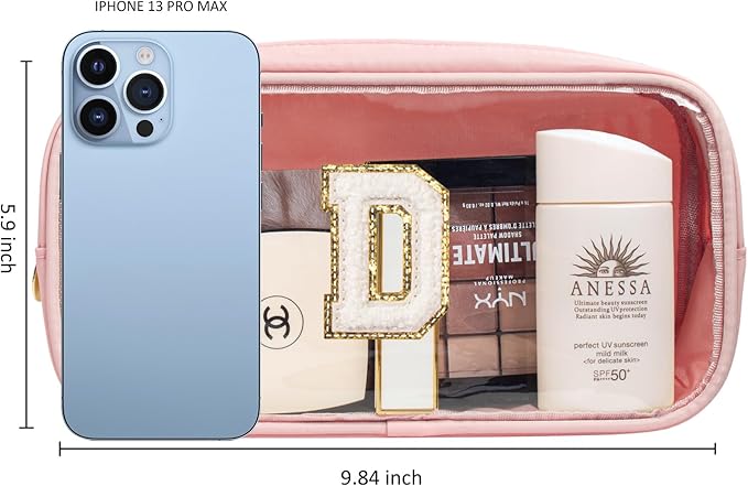 LETGO Initial Make Up Bag - Clear Travel Toiletry Bag, Preppy Cosmetic Organizer, Pink Gifts for Women, Teen, Girlfriend, Teacher, Mom, Birthday