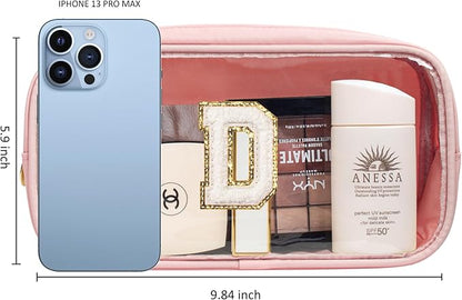 LETGO Initial Make Up Bag - Clear Travel Toiletry Bag, Preppy Cosmetic Organizer, Pink Gifts for Women, Teen, Girlfriend, Teacher, Mom, Birthday