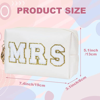 Bride Gifts MRS Patch Travel Makeup Bag Varsity Letter Cosmetic Toiletry Bag Letter Patches White Makeup PU Bag Bride Clutch Purse Waterproof Portable Zipper Organizer