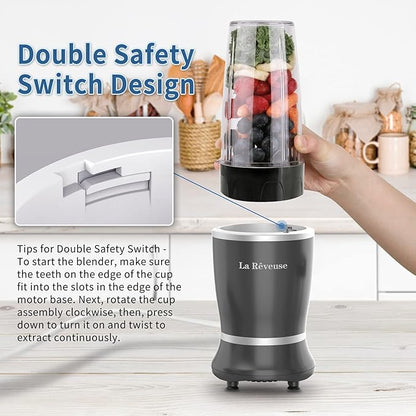 La Reveuse Personal Size Blender 250 Watts Power for Shakes Smoothies Seasonings Sauces with 1 Piece 15 oz Cup,1 Piece 10 oz Mug,BPA-Free (Black)