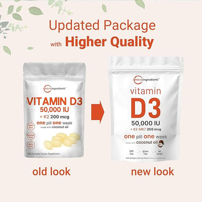 Micro Ingredients Vitamin D3 50,000 IU + K2 MK-7 200 mcg, 240 Softgels | Virgin Coconut Oil | 2-in-1 Bone, Immune & Heart Support | Easy to Swallow, Non-GMO