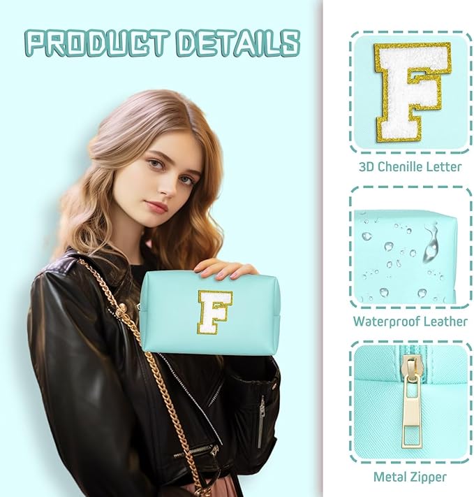 TOPEAST Initial Makeup Bags for Women, Personalized Portable Cosmetic Bag for Travel, Cute Makeup Pouch, PU Leather Waterproof Toiletry Bag, Preppy Things for Girl (Blue V)