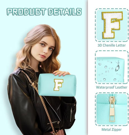 TOPEAST Initial Makeup Bags for Women, Personalized Portable Cosmetic Bag for Travel, Cute Makeup Pouch, PU Leather Waterproof Toiletry Bag, Preppy Things for Girl (Blue V)