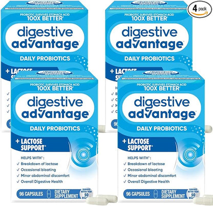 Digestive Advantage Lactose Defense with Lactase Enzymes & Probiotics for Digestive Health, Support for Breaking Down Lactose, Minor Abdominal Discomfort & Gut Health, 96ct Capsules (Pack of 4)