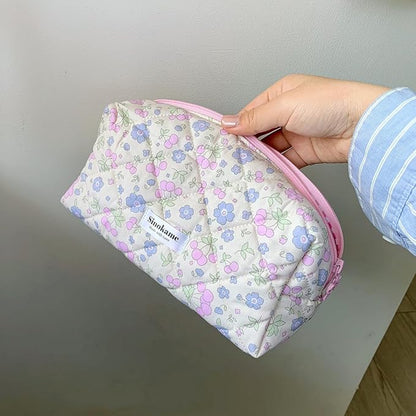 Coquette Makeup Bag Cosmetic Bag for Women, Handmade Cotton Quilted Pouches Reusable Travel Toiletry Bag Organizer Brushes, Beige Flowers